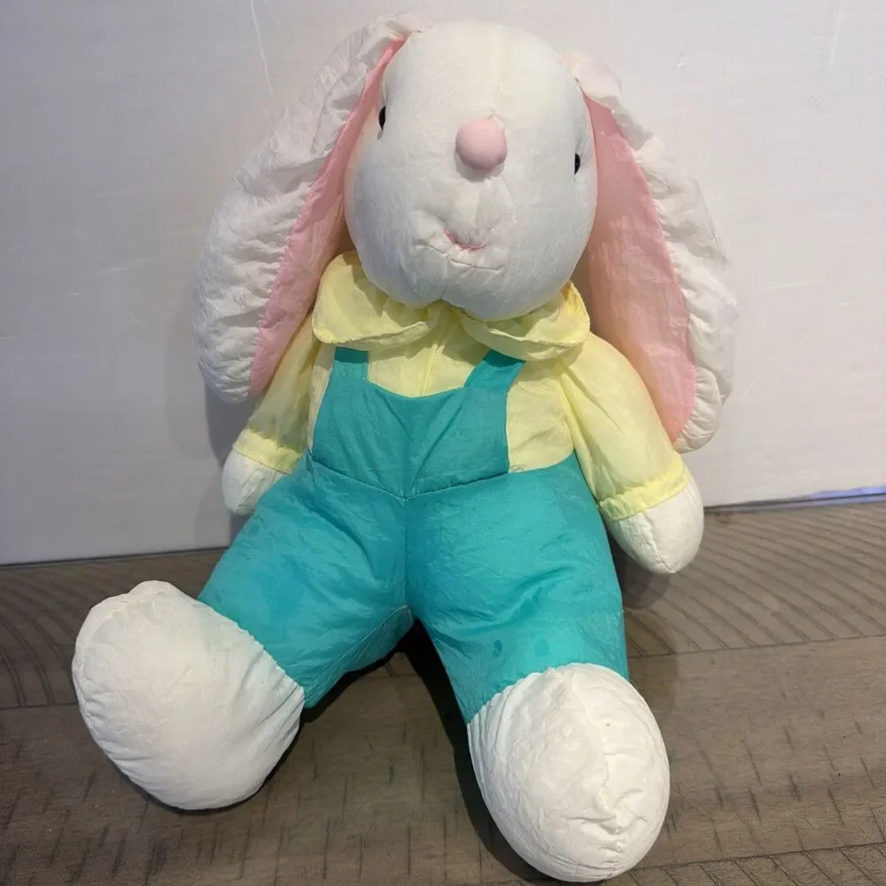 Vtg Plush Easter Bunny Rabbit Nylon puffalump parachute Teal 11” 90s Toy Stuffy